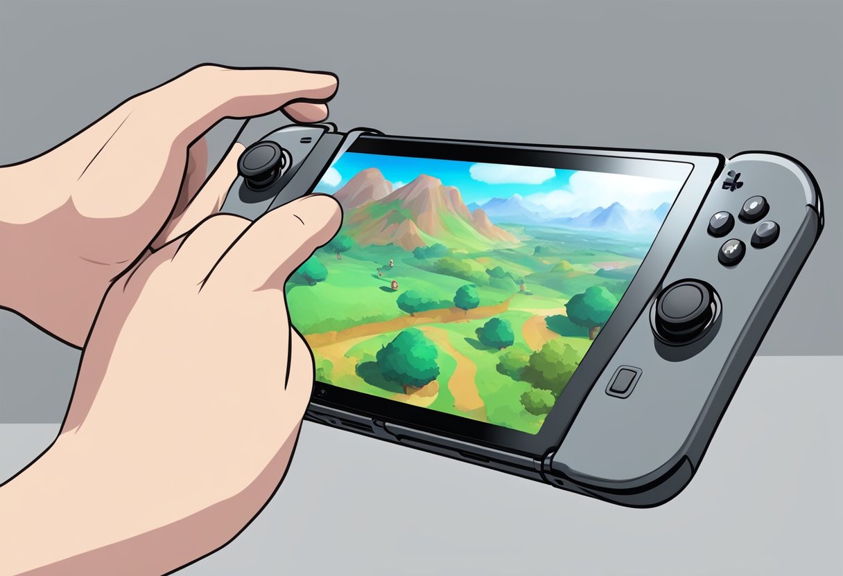 The Nintendo Switch is held in hand, screen black. A hand reaches for the power button, pressing it to reset the device