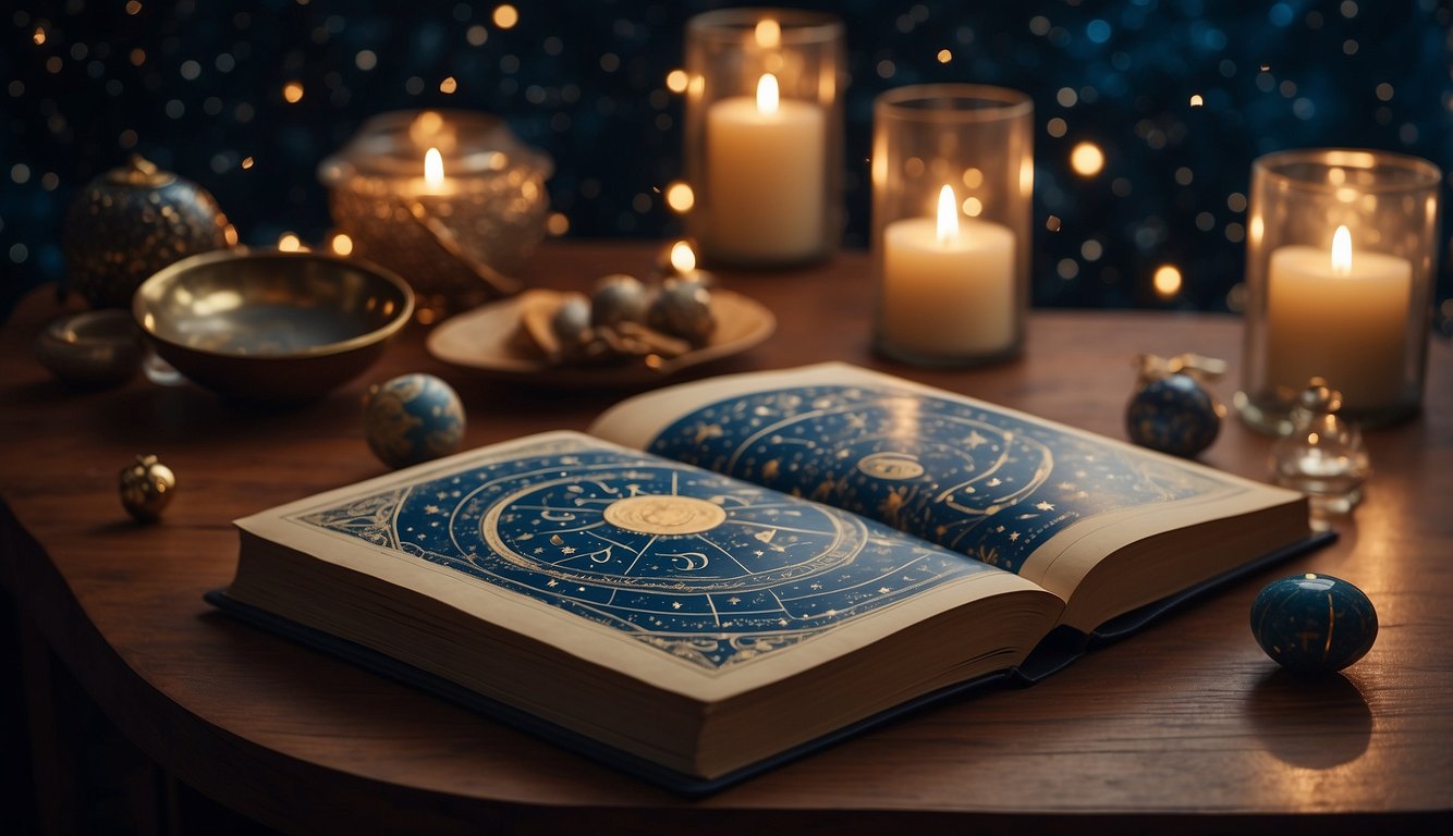 A table set with zodiac-themed decor, a starry sky backdrop, and a book of astrology tips open to a page on compatibility