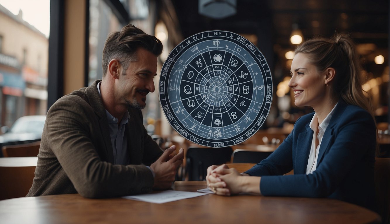 A couple sitting at a cafe, surrounded by zodiac symbols and charts. The man gestures towards a horoscope book, while the woman nods and listens intently