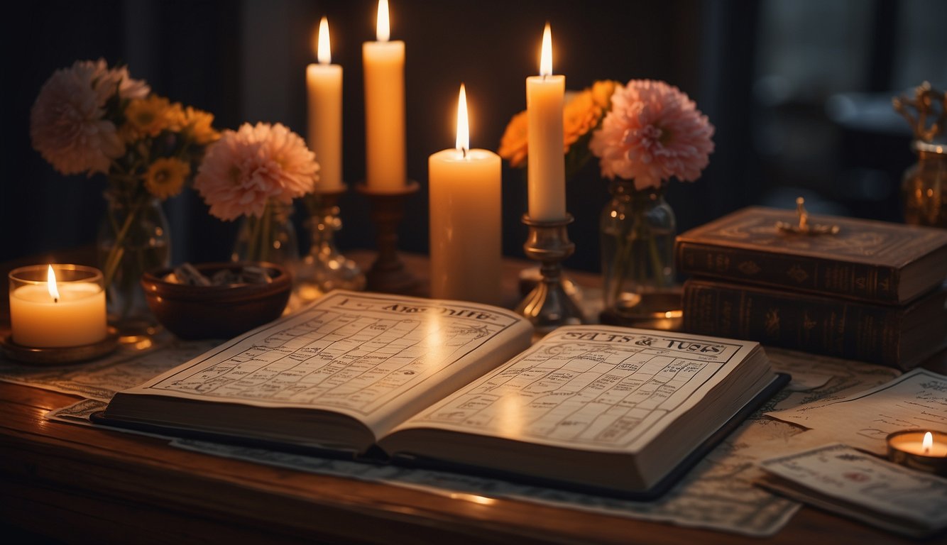 A table set with candles, flowers, and astrology books. A calendar with the date circled. A crystal ball and tarot cards on the table