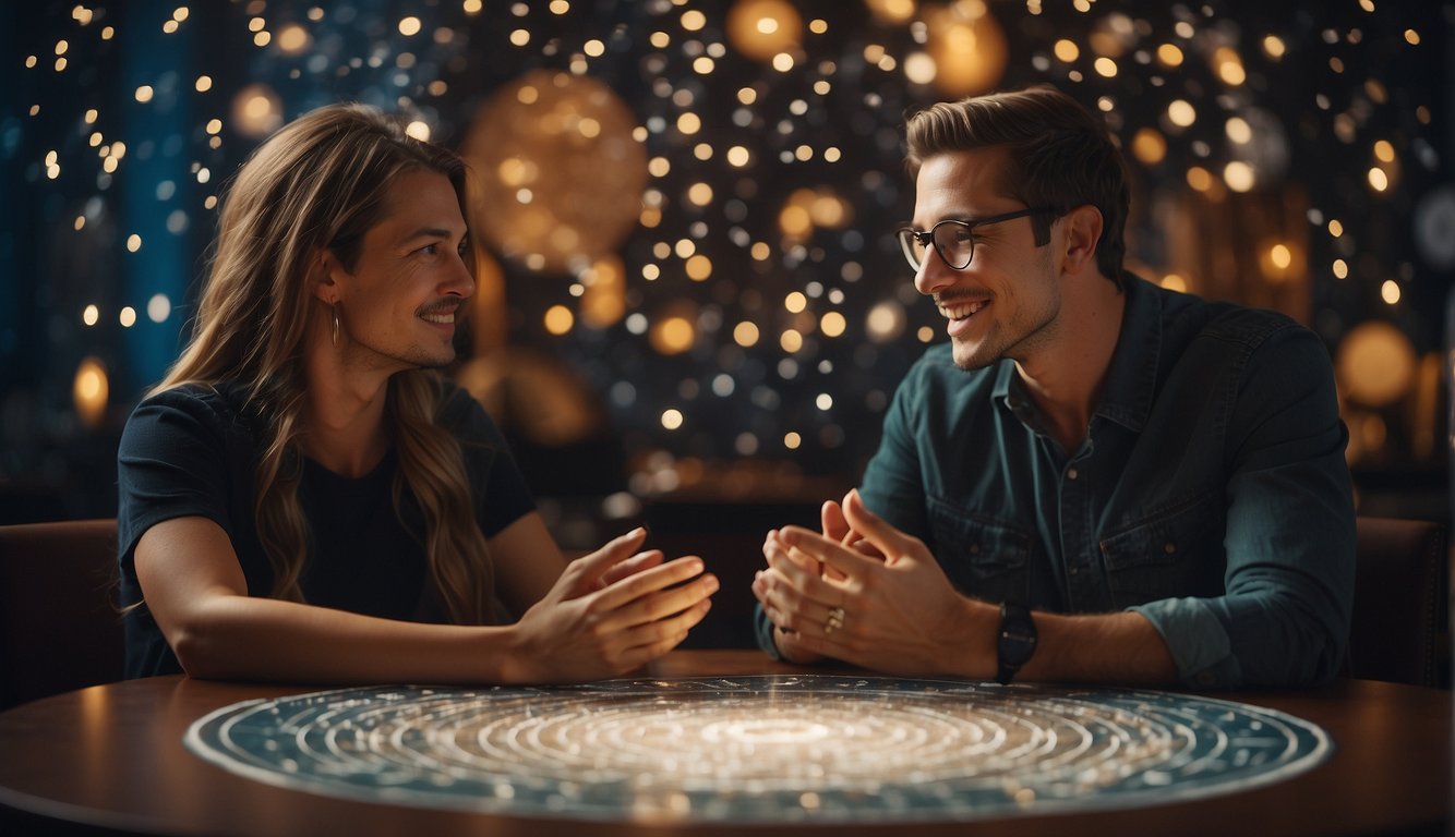 Two people sit at a table, surrounded by zodiac symbols. One person gestures excitedly while the other listens intently. A list of conversation starters and astrology tips is laid out between them