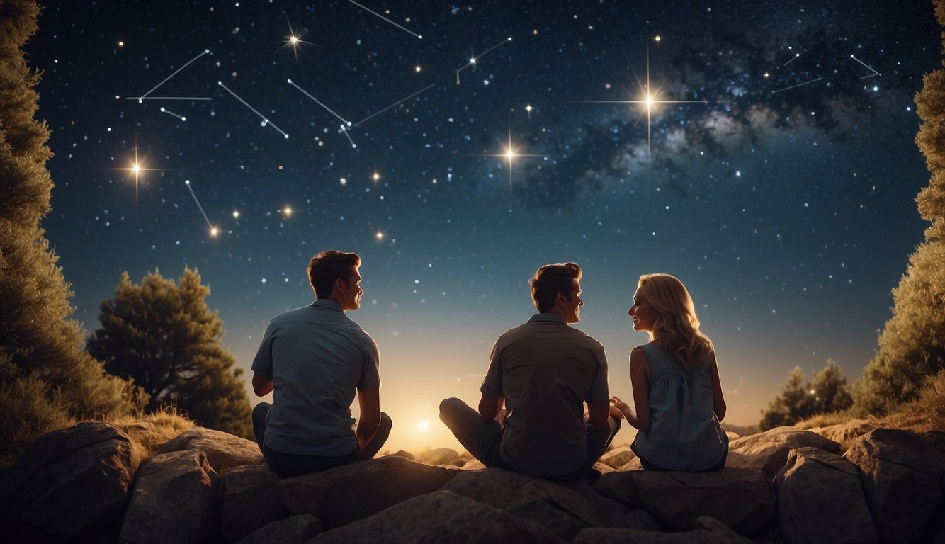A couple sits under a starry sky, surrounded by astrology books and charts. They point out constellations and discuss zodiac signs, creating a memorable date experience