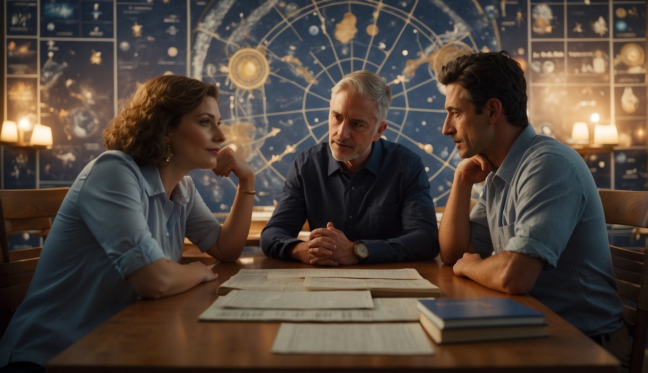 Two people sitting at a table, surrounded by astrological charts and books. They are engaged in deep conversation, exchanging knowing glances and nodding in agreement