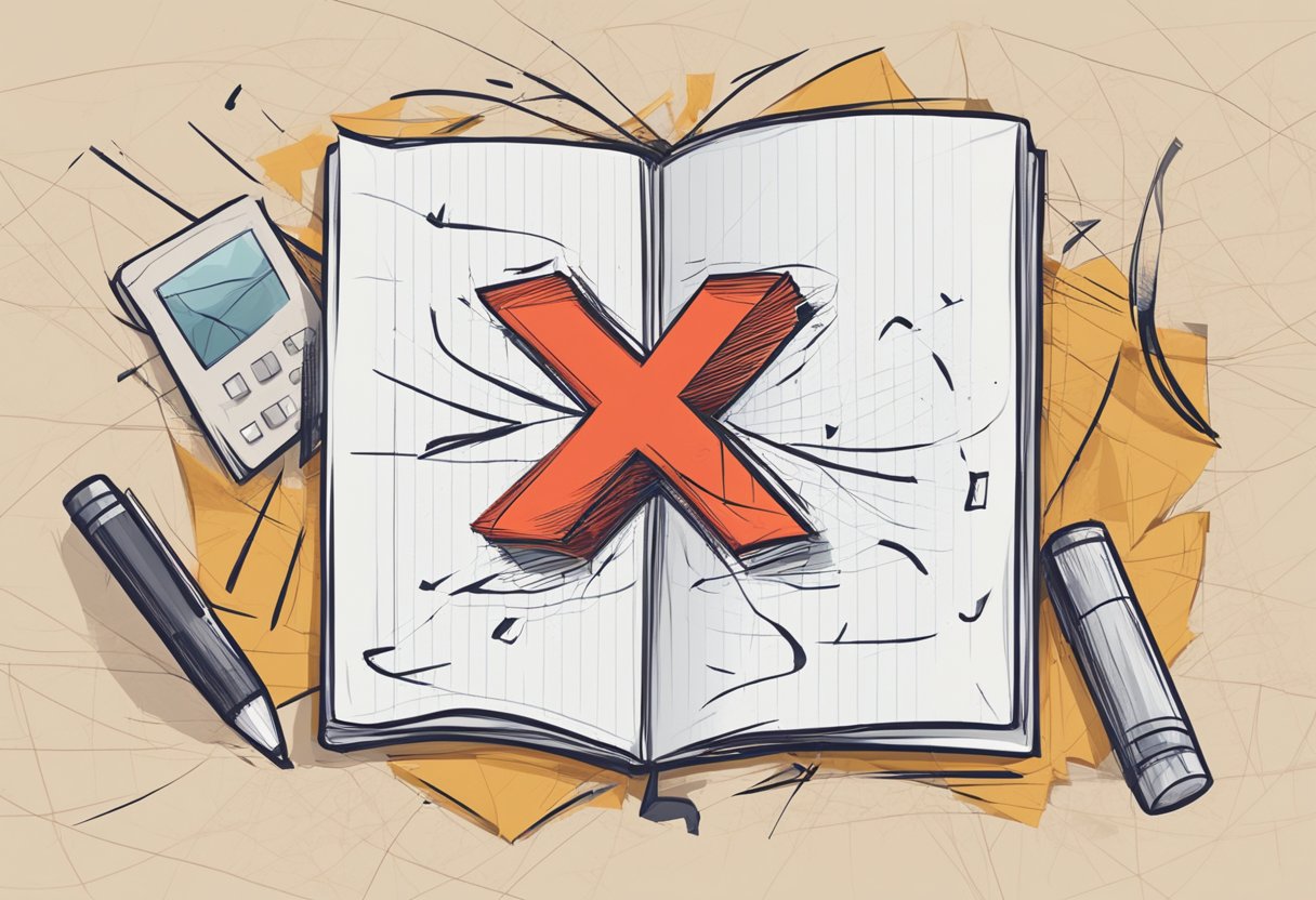 A broken notepad with a large file icon and a red "X" symbol, surrounded by frustrated scribbles and crumpled paper