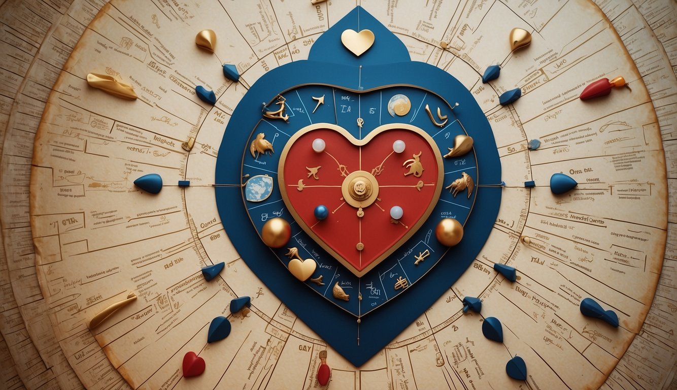 A heart-shaped chart with zodiac signs and symbols, with arrows pointing from each sign to the signs they are most compatible with