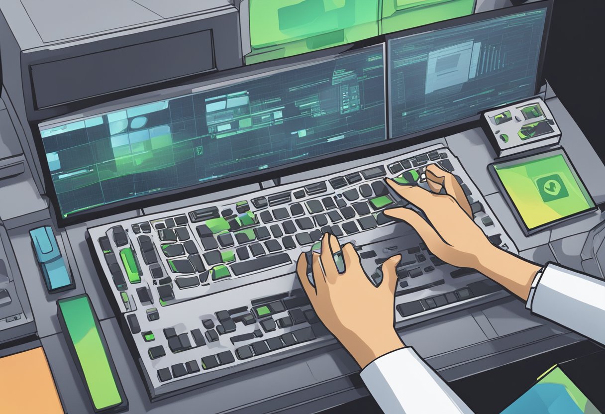 A computer screen showing a missing Nvidia control panel icon. A hand reaching for the keyboard, with a puzzled expression on the face