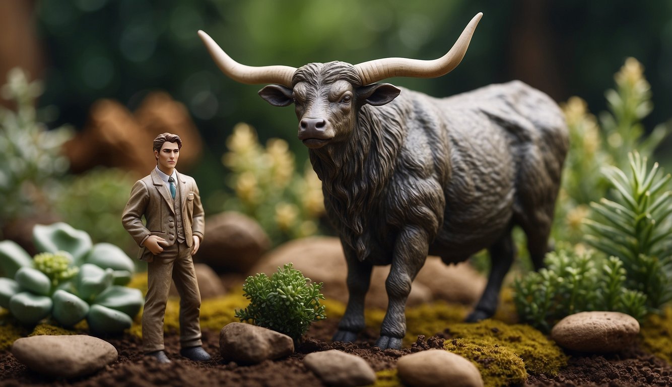 A Taurus, Virgo, and Capricorn standing in a garden, surrounded by earthy elements like rocks, plants, and soil. Each person is showing subtle signs of interest, such as leaning in and making eye contact