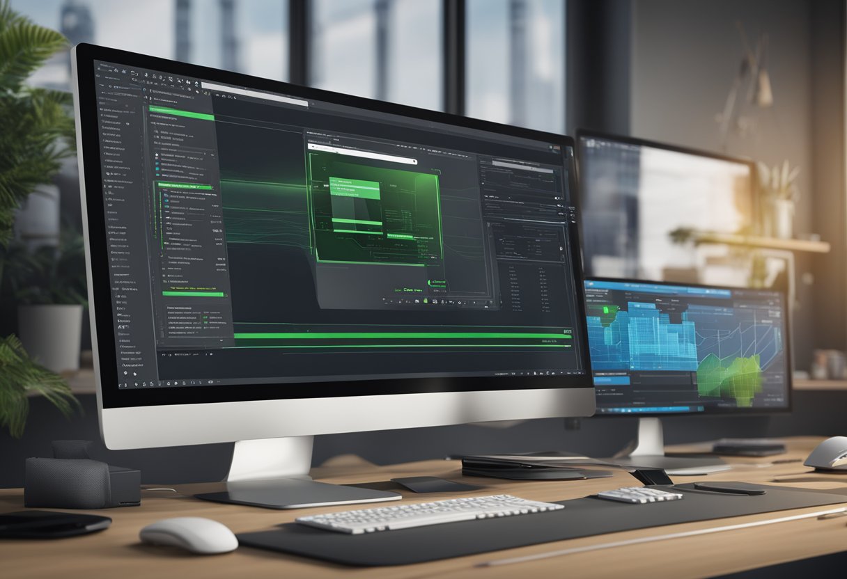 A computer screen displaying an error message "Nvidia graphics card not detected in Windows 10" with a desktop tower and open hardware diagnostic tools