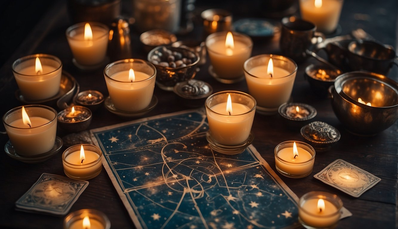 Astrology charts spread out on a table, with scattered tarot cards and burning candles, hinting at the influence of the stars on breakups
