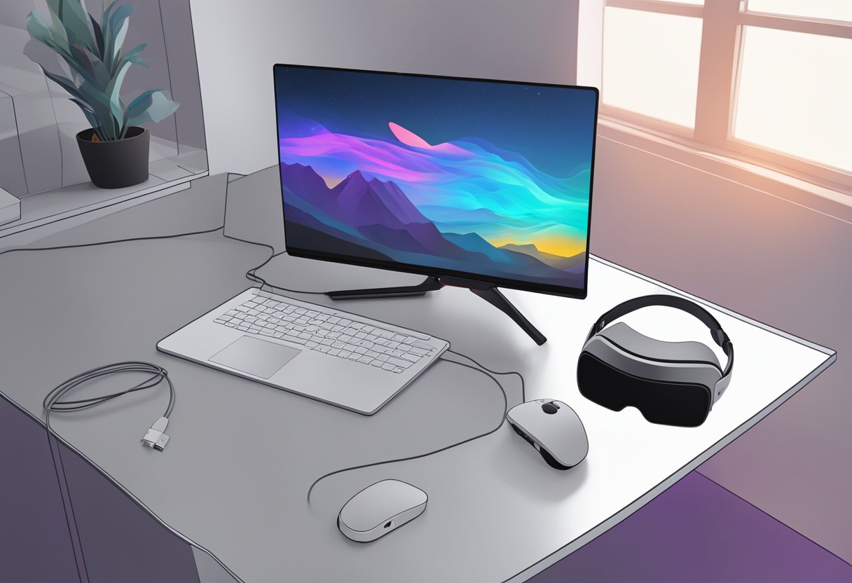 The Oculus Quest 2 is connected to a PC with a USB cable, while the user troubleshoots the connection issue on the computer screen