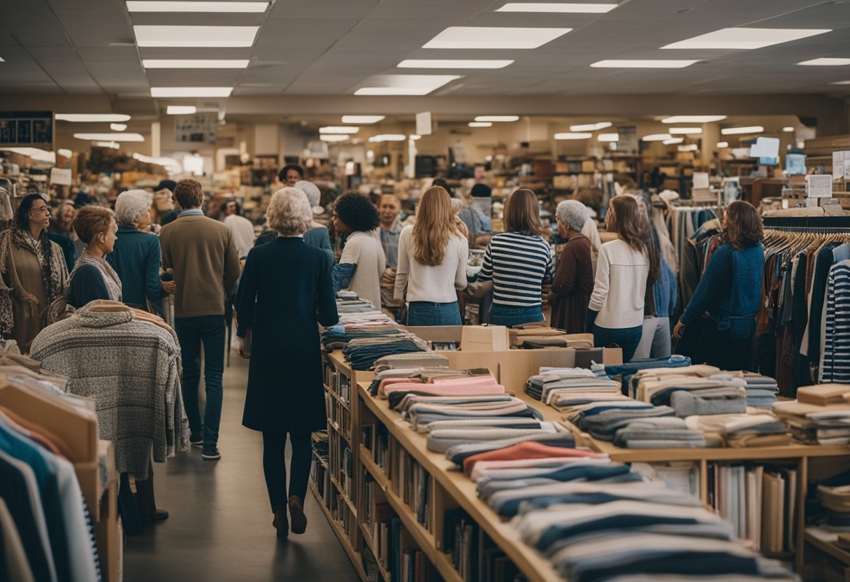 A bustling thrift store with colorful racks of clothing, shelves of books and home goods, and a diverse crowd browsing and chatting with volunteers among the best Portland thrift stores