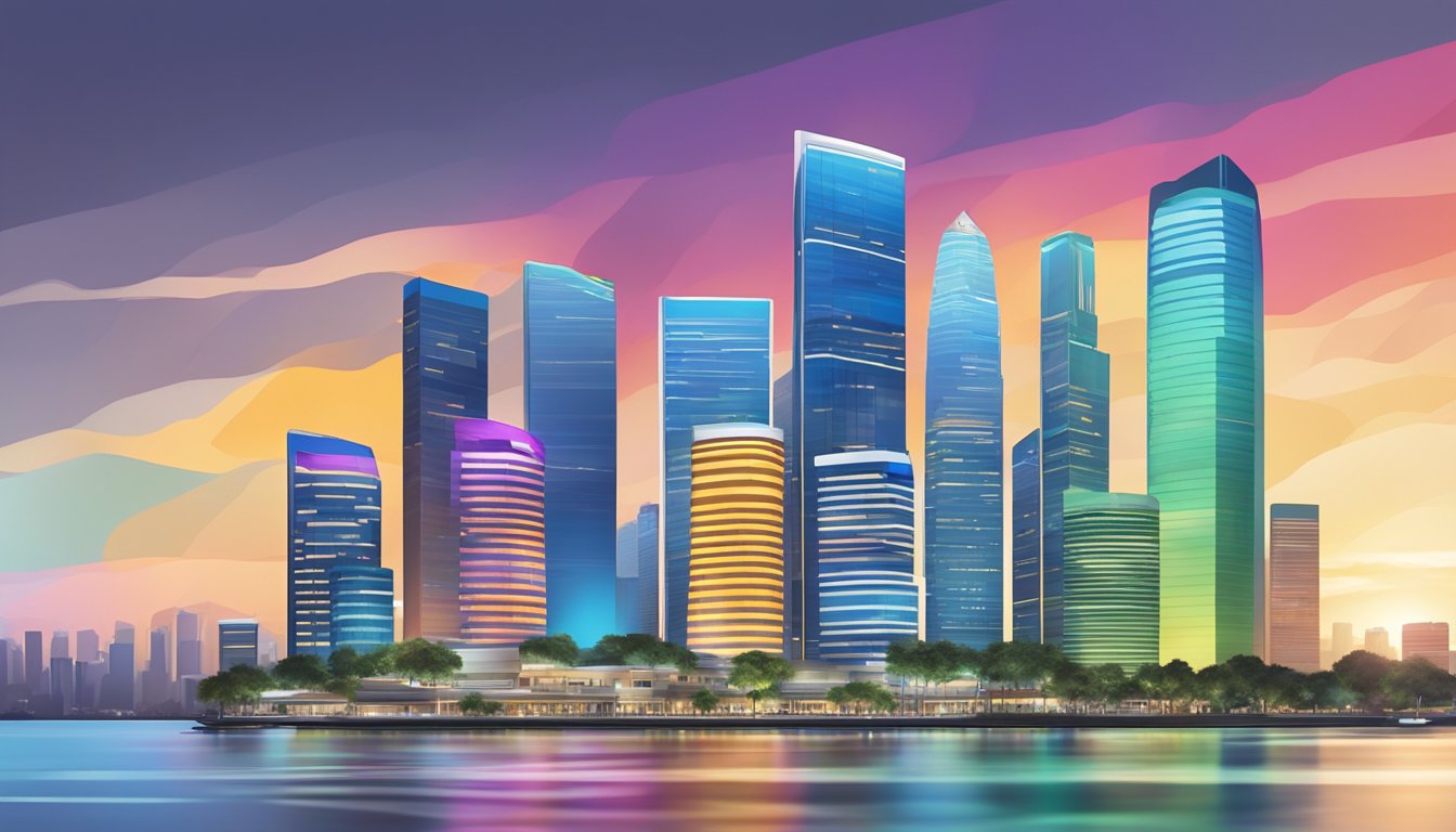 A colorful Citibank cash back card sits on a sleek Singaporean skyline backdrop