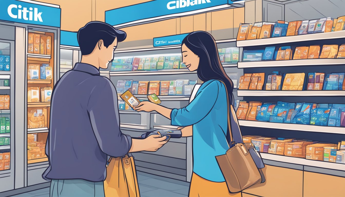 A person swiping a Citibank card at a Singaporean store, with cashback rewards displayed on the card. The store features a vibrant cityscape backdrop