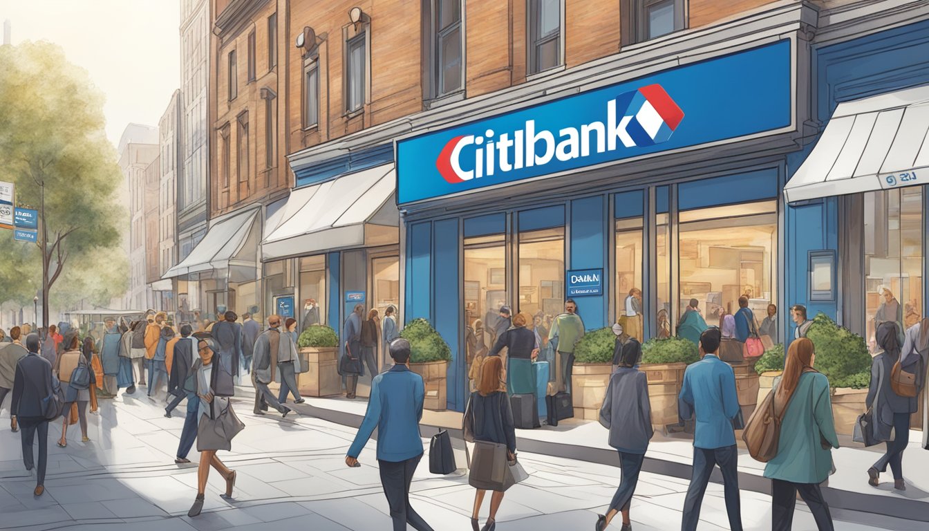 A bustling city street with a prominent Citibank branch, people entering and exiting, and a visible cash back promotion sign