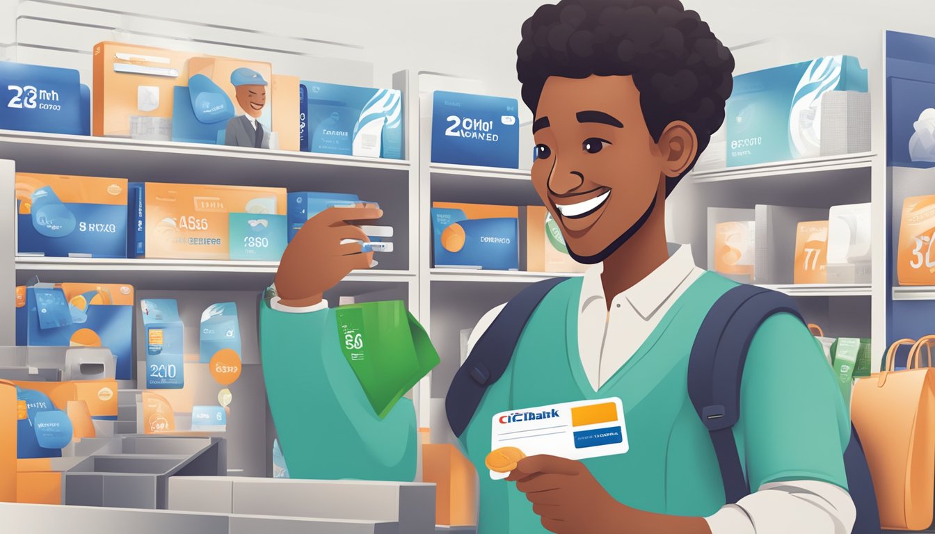 A person swiping a Citibank credit card at a merchant, with a cashback rewards logo displayed and a happy expression