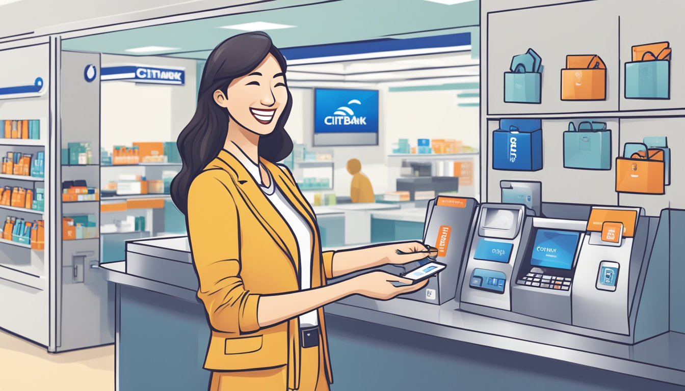 A person swiping a Citibank card at a cashback partner store in Singapore, with a smile on their face as they redeem their cashback benefits