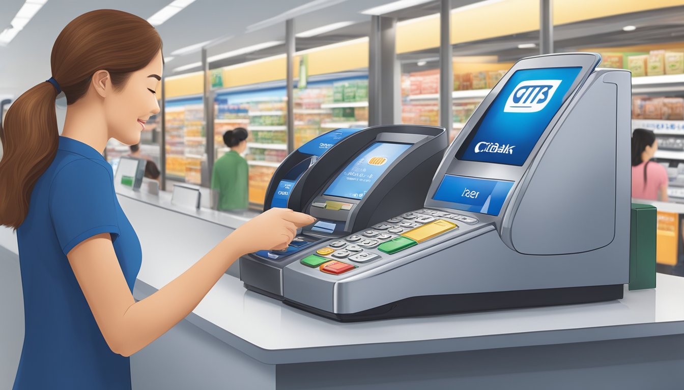 A customer swiping a Citibank cashback card at a Singaporean store, with a clear view of the fees and charges displayed on the payment terminal