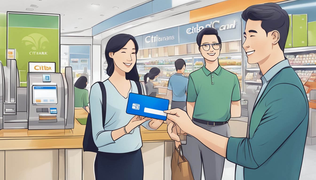 A customer holding a Citibank cash back card and using it to make a purchase at a participating merchant in Singapore