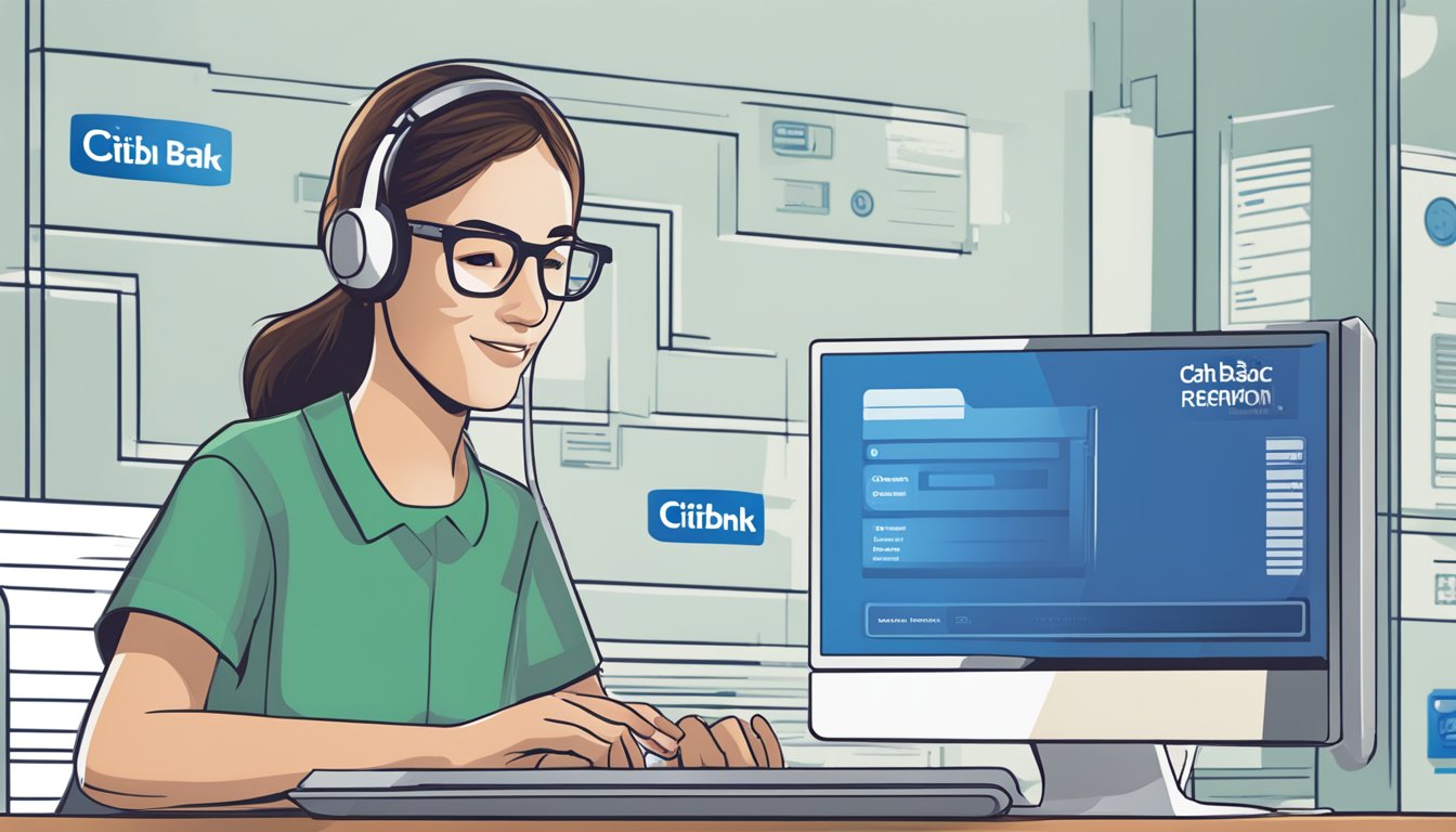 A customer browsing Citibank's cash back redemption options on a computer, with the Citibank logo and FAQ section visible on the screen