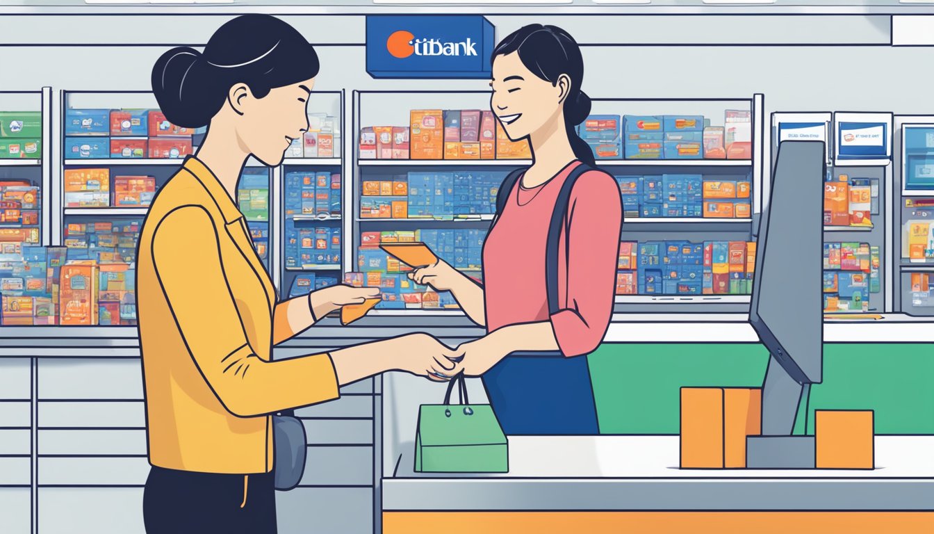A person swipes a Citibank Cashback Mastercard at a Singaporean store, receiving cashback rewards