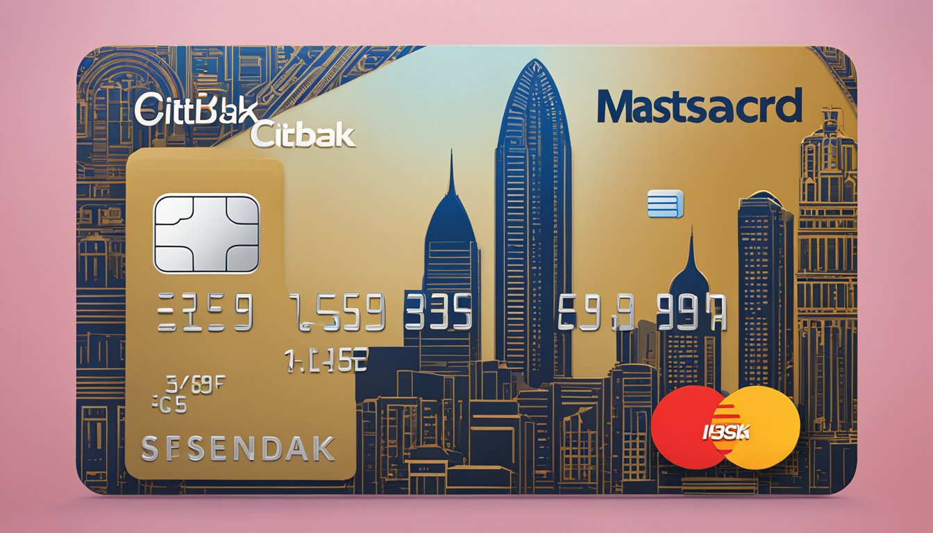 A sleek Citi Cashback Mastercard sits on a reflective surface, with the Citibank logo prominently displayed. The card is surrounded by cashback symbols and a city skyline in the background