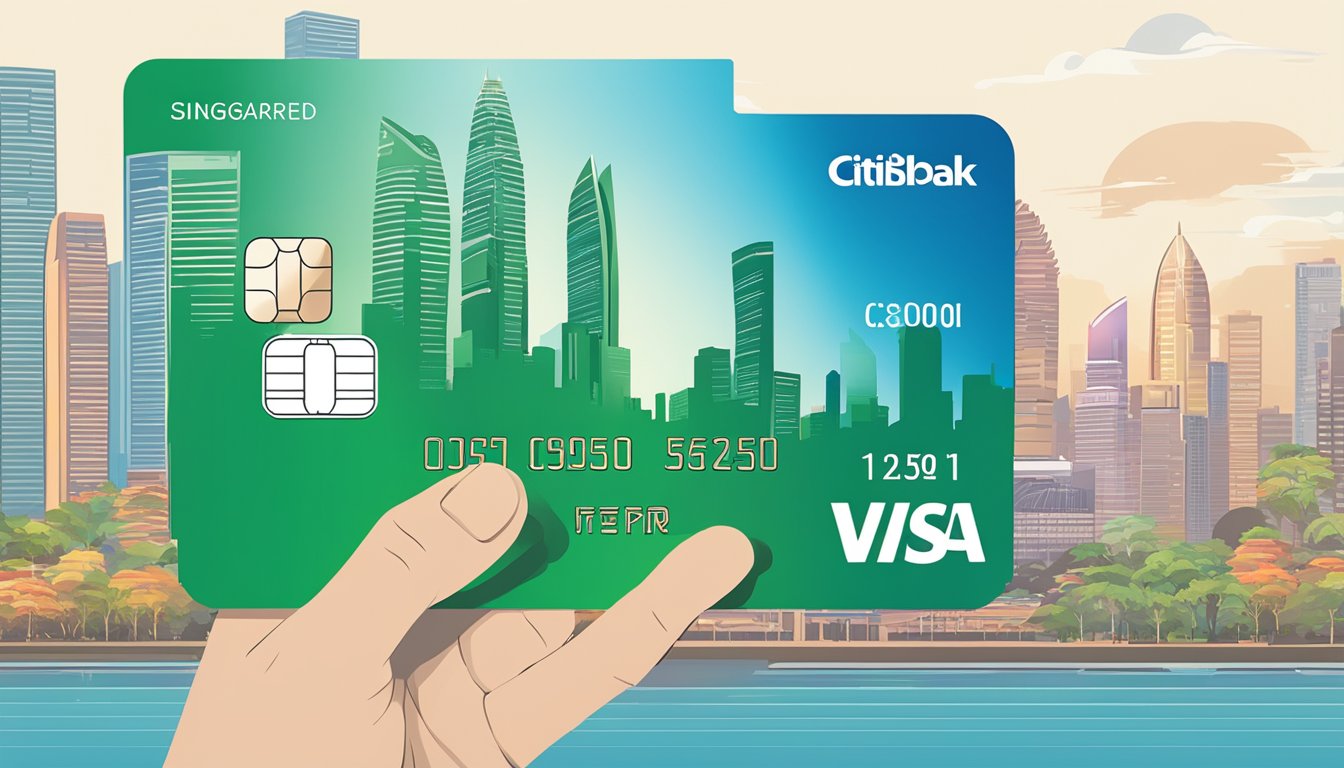 A hand holding a Citibank Cashback Mastercard against a backdrop of the Singapore skyline