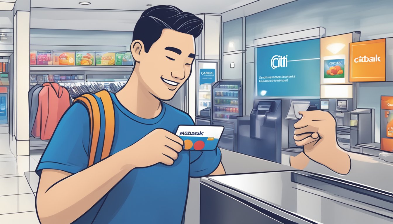 A person swiping a Citibank Cashback Mastercard at a Singaporean store, with a cashback rewards logo displayed prominently
