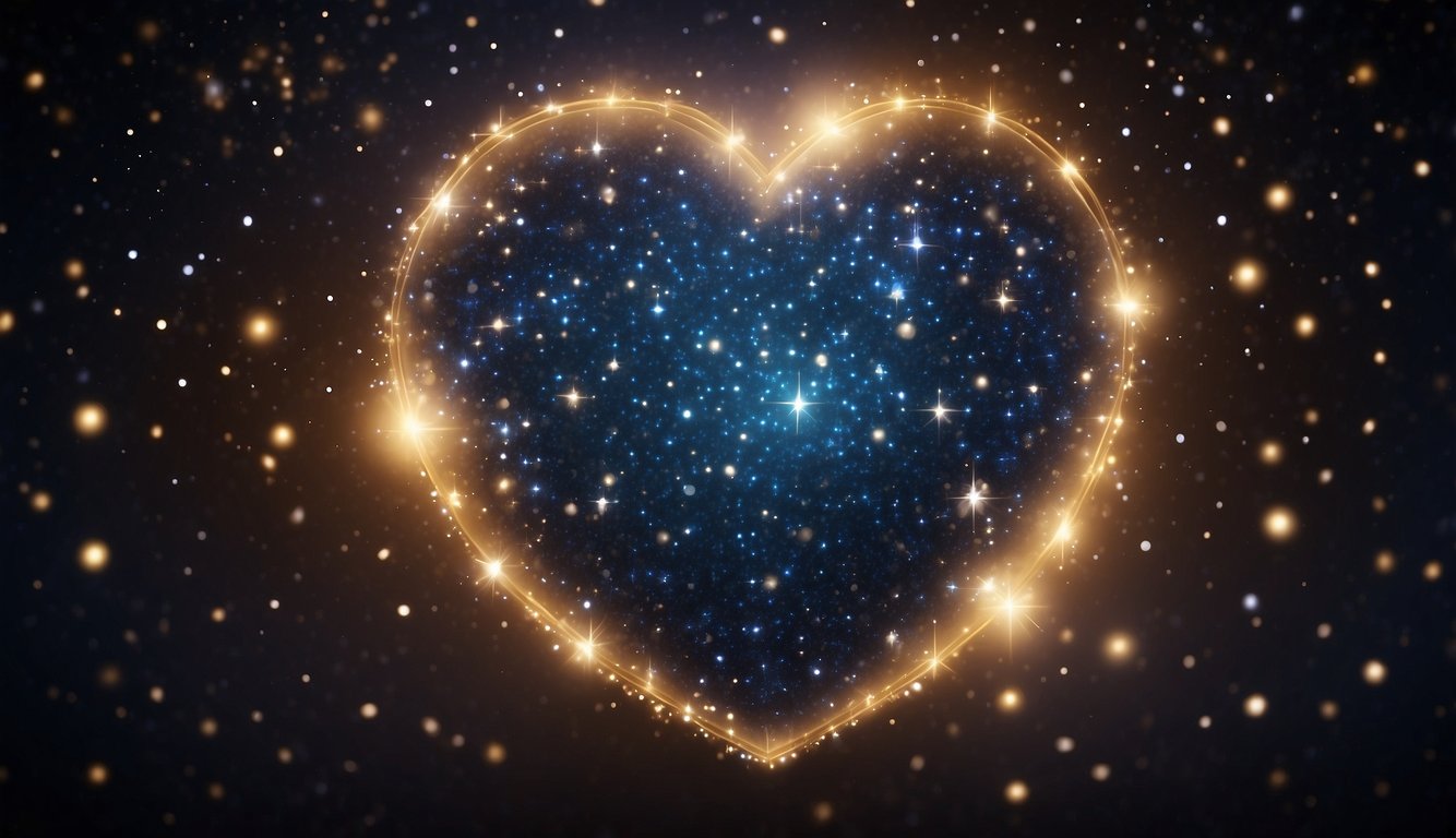 A heart-shaped constellation of zodiac signs, including Pisces, Libra, and Cancer, surrounded by twinkling stars and a romantic aura
