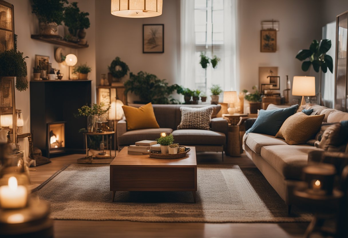 A cozy living room with vintage furniture and home goods displayed in an online thrift store. Warm lighting and inviting decor create a comfortable and stylish atmosphere