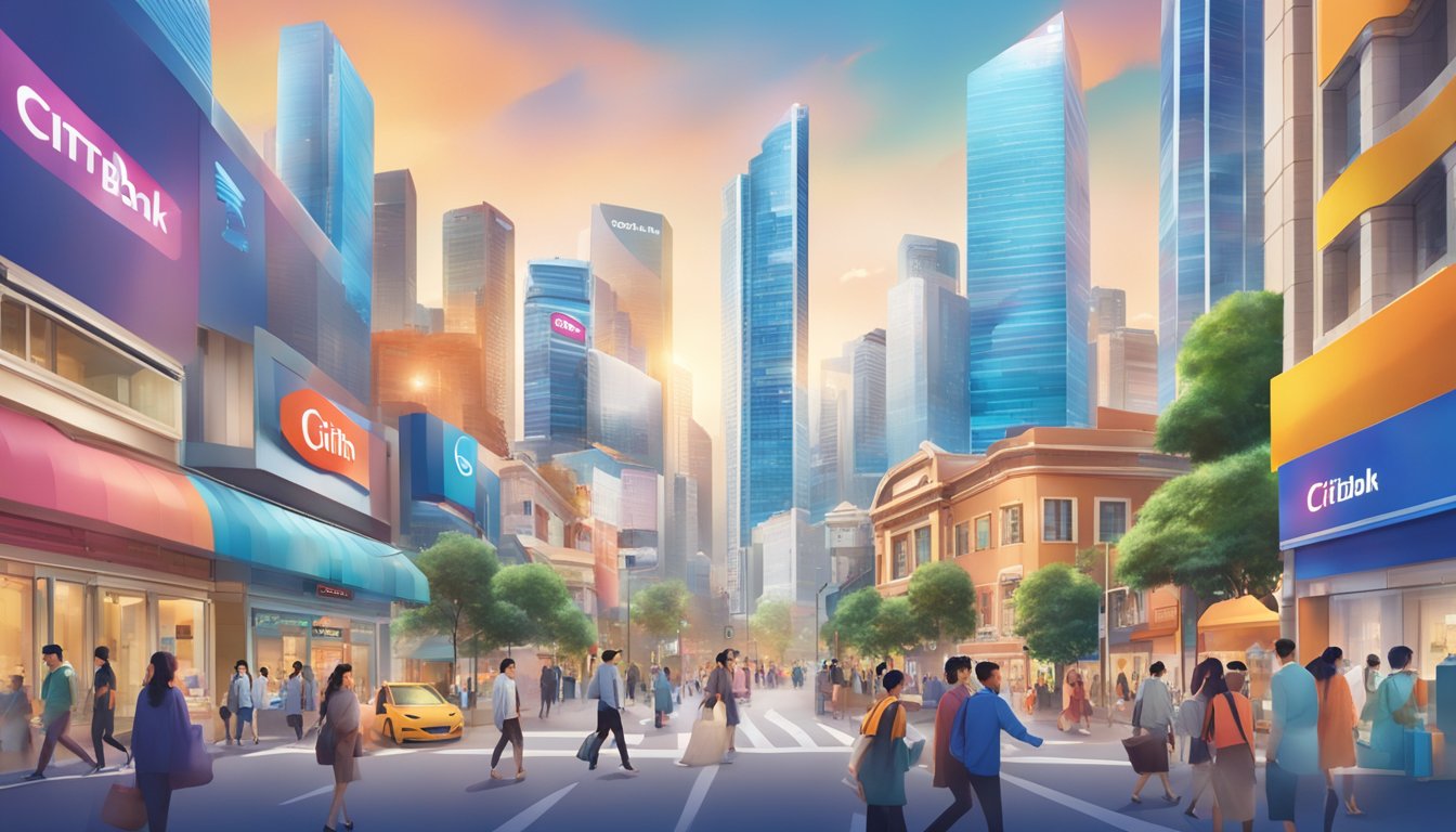 A vibrant cityscape with iconic Citibank signage, bustling streets, and a diverse range of people enjoying the benefits of Cashback Plus in Singapore