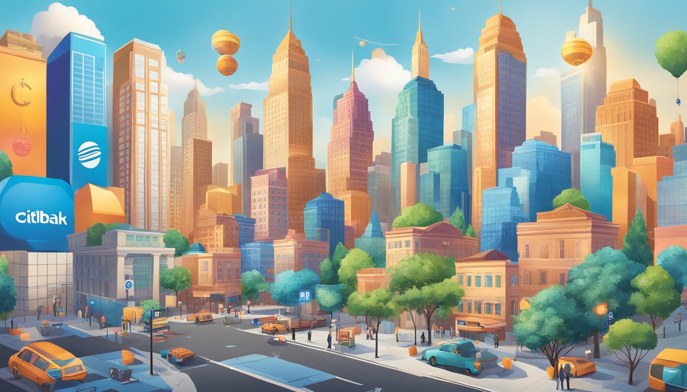 A vibrant cityscape with the Citibank logo prominently displayed, surrounded by symbols of rewards and benefits such as cashback, shopping bags, and dollar signs