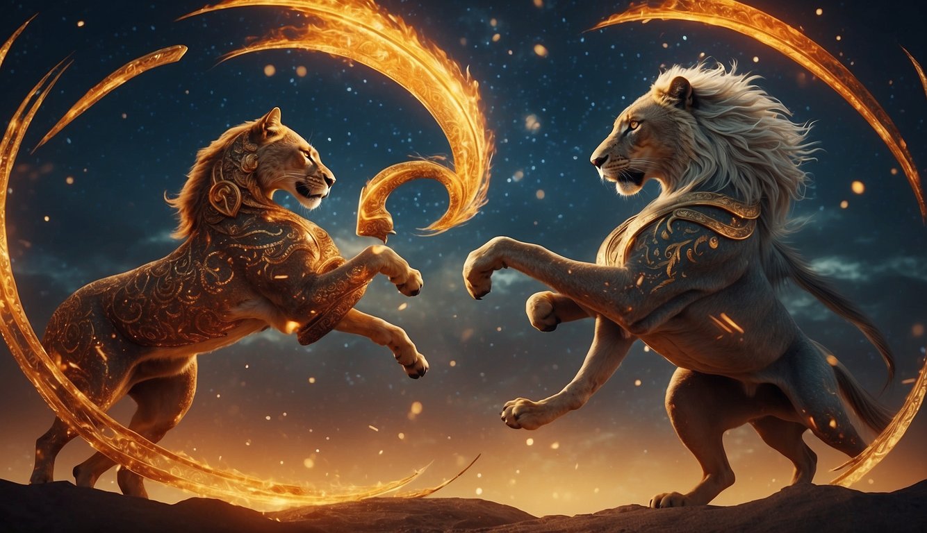 Two zodiac signs, represented by fierce animals, face off in a fiery battle, surrounded by swirling celestial symbols