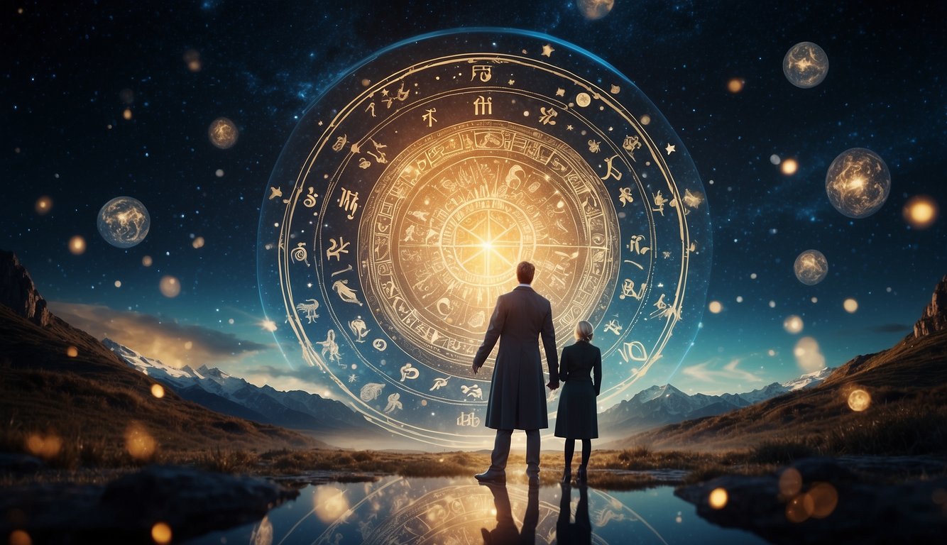 Two zodiac signs, represented by their symbols, engage in a heated argument, surrounded by celestial imagery and astrological symbols