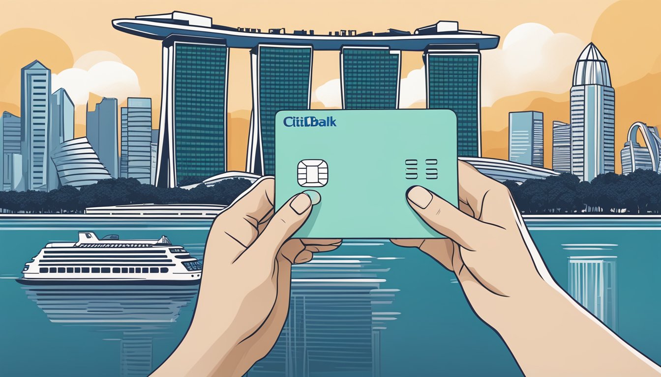 A hand holding a Citibank credit card against the backdrop of iconic Singapore landmarks, such as the Marina Bay Sands and the Singapore skyline