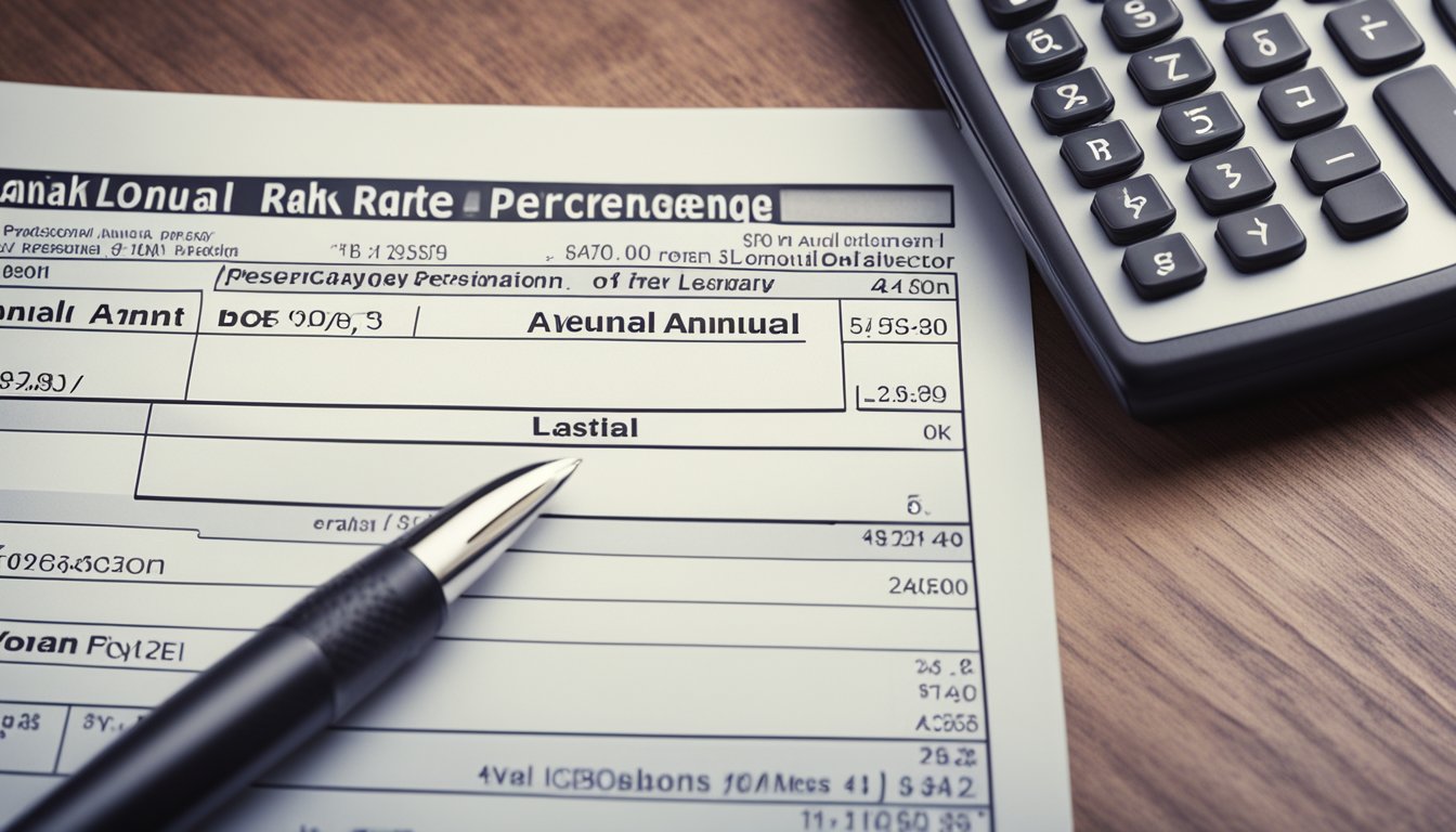 A bank statement with the words "Annual Percentage Rate on a Personal Loan" highlighted, next to a calculator and a pen
