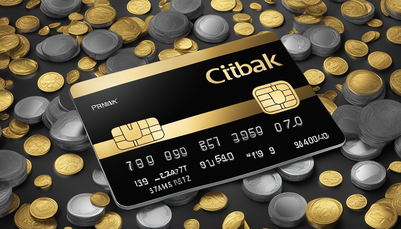 A luxurious black credit card surrounded by gold and silver rewards, with the Citibank logo prominently displayed