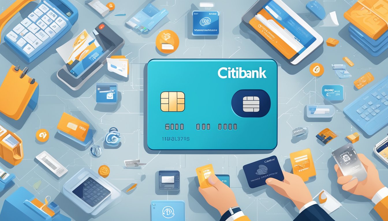 A Citibank credit card surrounded by icons of convenient services and features, such as online banking, rewards program, and contactless payment