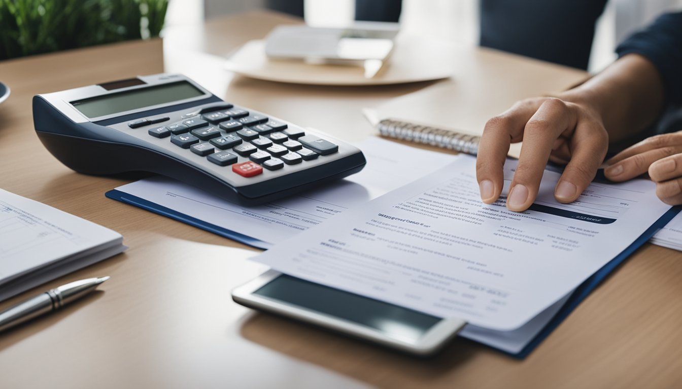 A person comparing personal loan offers in Singapore, with a focus on understanding the Annual Percentage Rate. Multiple loan documents and a calculator are spread out on a desk