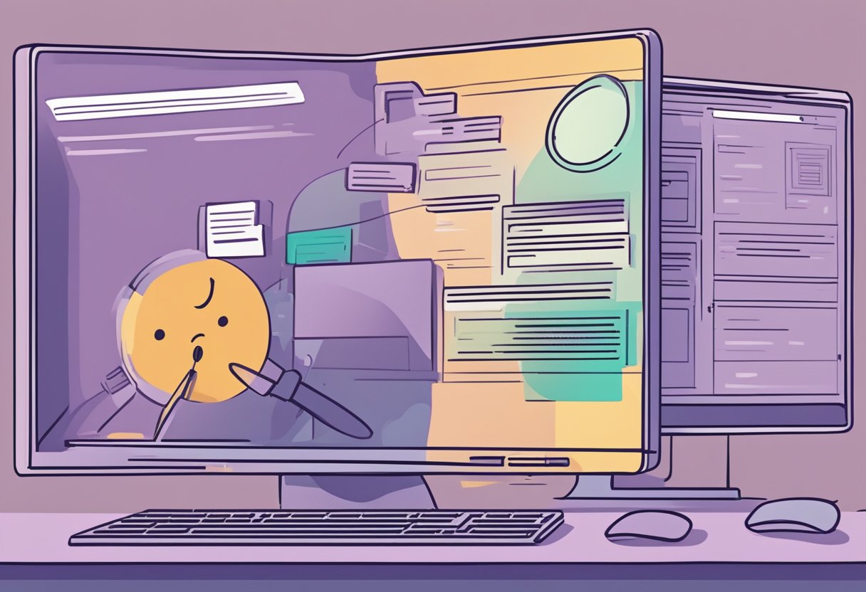 A computer screen displays an error message: "OneNote Error 0xE00001BB - section is corrupted." A puzzled expression is visible on the user's face