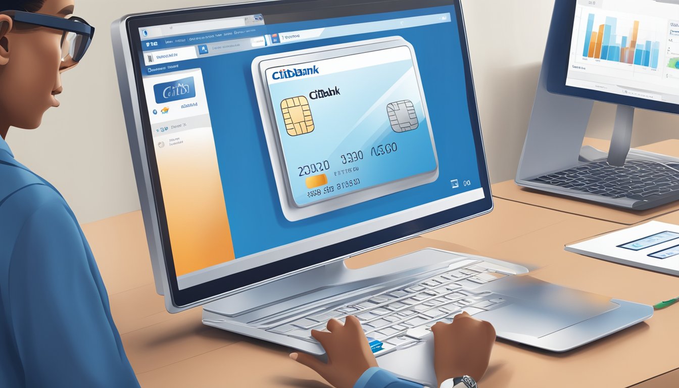 A person using a computer to transfer their Citibank credit card balance online, with the Citibank logo displayed on the screen