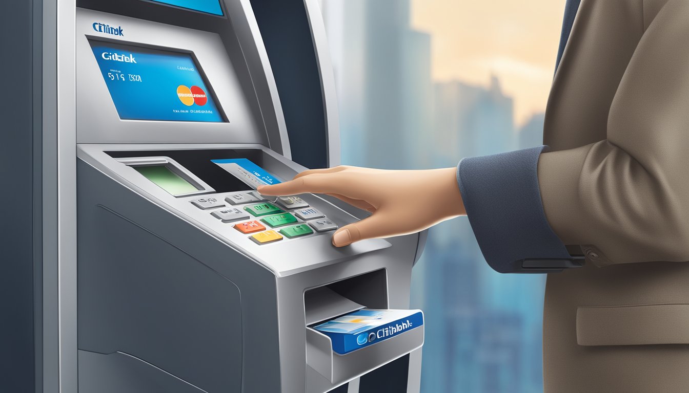 A person inserting a Citibank debit card into an ATM in Singapore