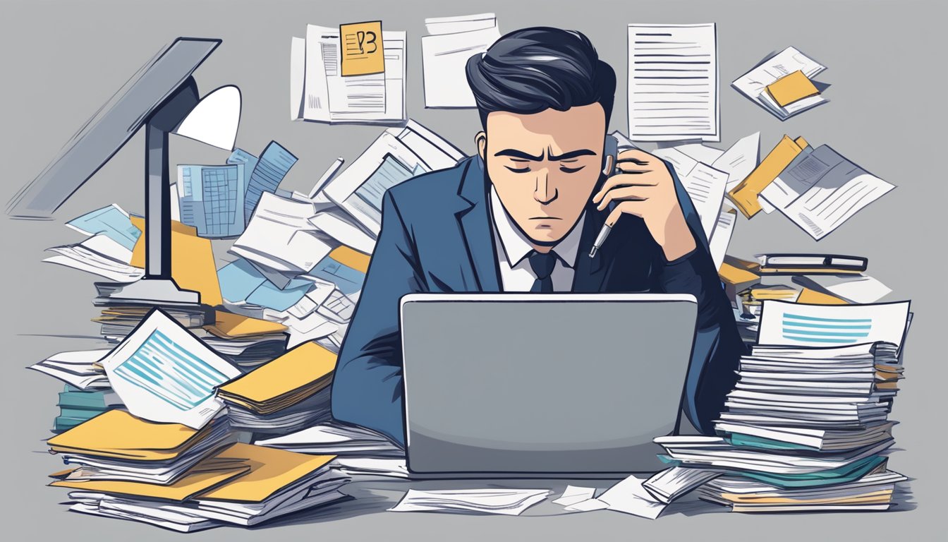 A person sitting at a desk, surrounded by paperwork and a computer, with a pen in hand, looking stressed and overwhelmed by debt