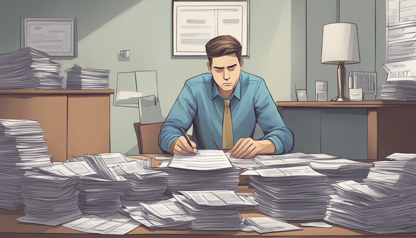 A person sitting at a desk, surrounded by bills and statements, with a worried expression on their face. A stack of papers labeled "Debt Consolidation Plan" from Citibank sits in front of them