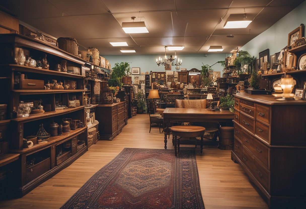 A cozy thrift store filled with vintage furniture and home goods in Kansas City. Shelves are stocked with unique decor and colorful rugs adorn the floor