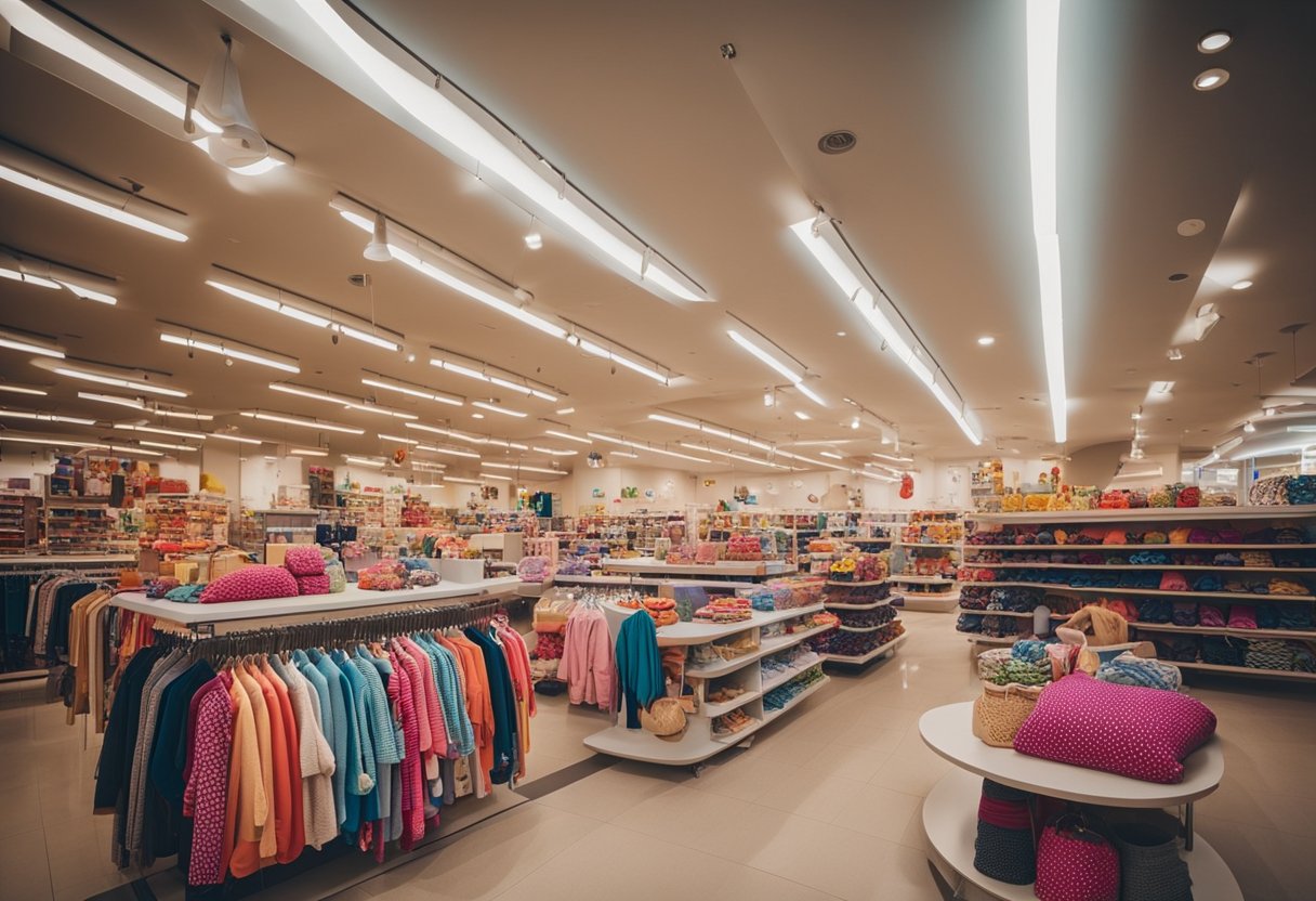 Colorful racks of children's clothing and shelves filled with toys. Brightly lit store with a welcoming atmosphere. Busy but organized layout with plenty of options for kids of all ages