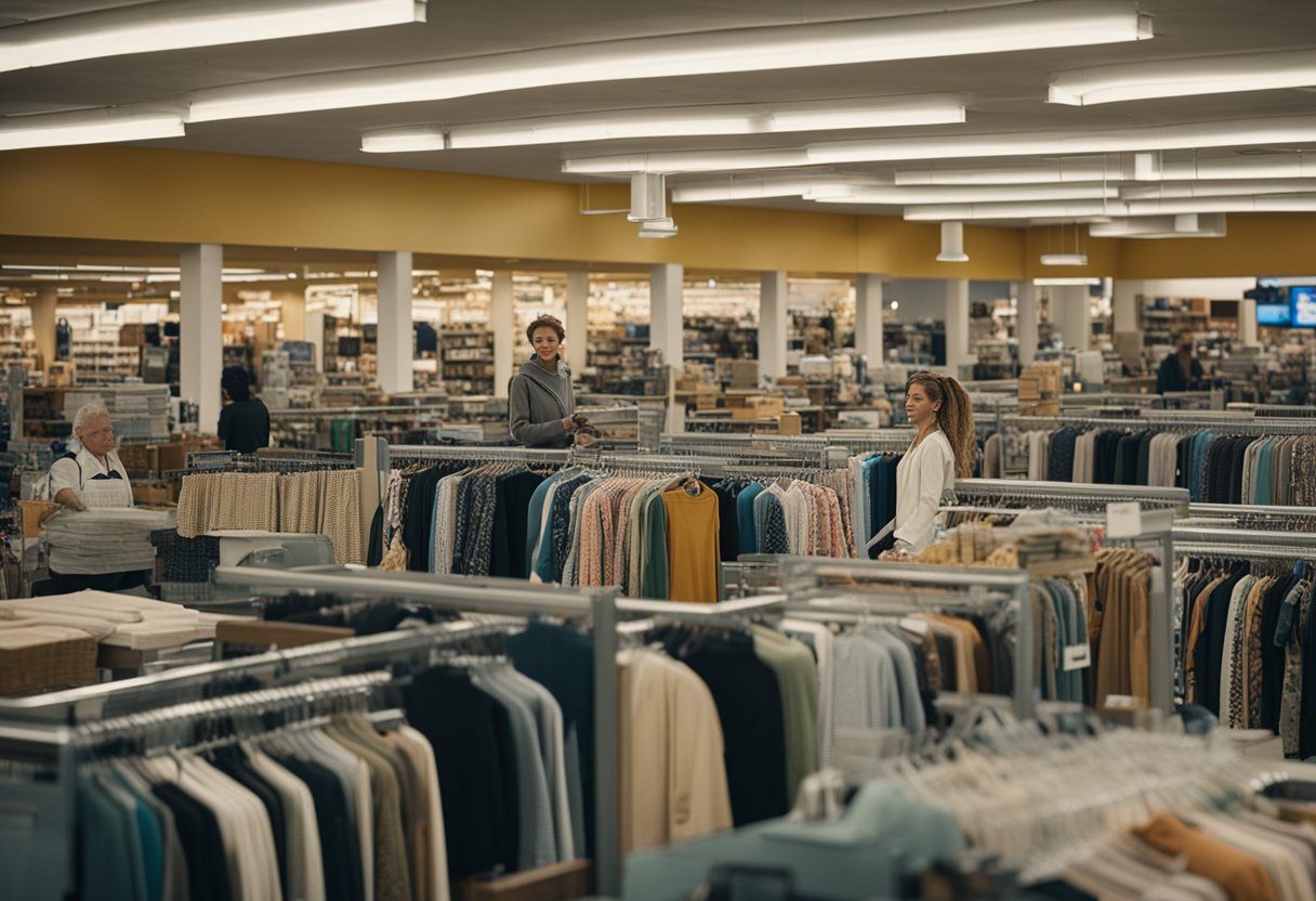 A bustling thrift store with racks of clothing, shelves of knick-knacks, and customers browsing through the aisles.