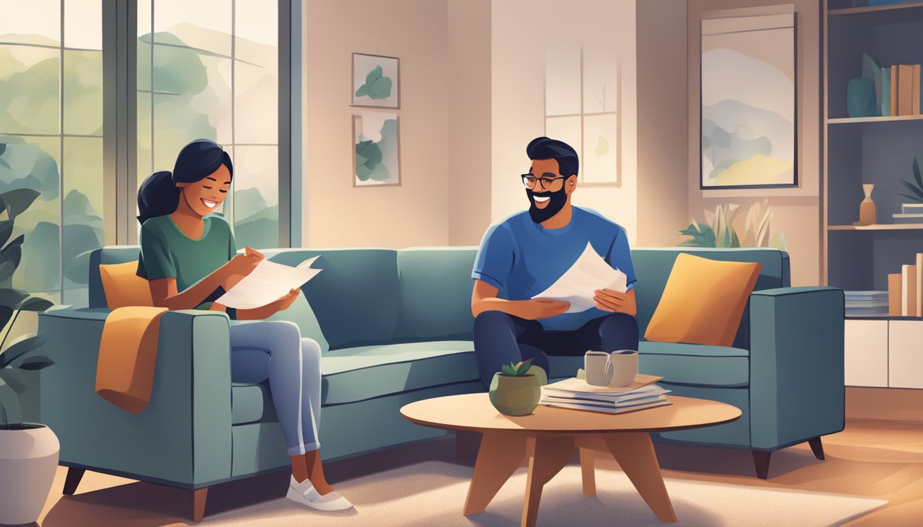 A cozy living room with a couple reviewing Citibank home loan documents, smiling and discussing their future
