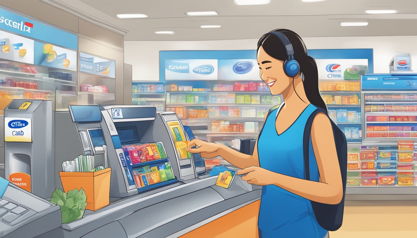 A customer swipes their Citibank card at a Singapore store, selecting items for instant rewards redemption. The cashier processes the transaction with a smile
