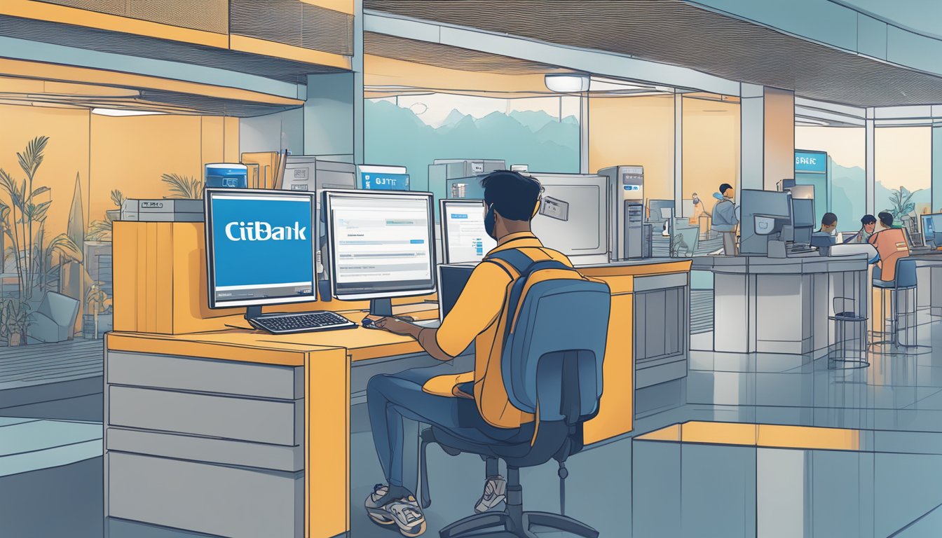 A person logging into their Citibank account on a computer, clicking on the Instant Rewards section, and selecting items for redemption with a Singapore backdrop