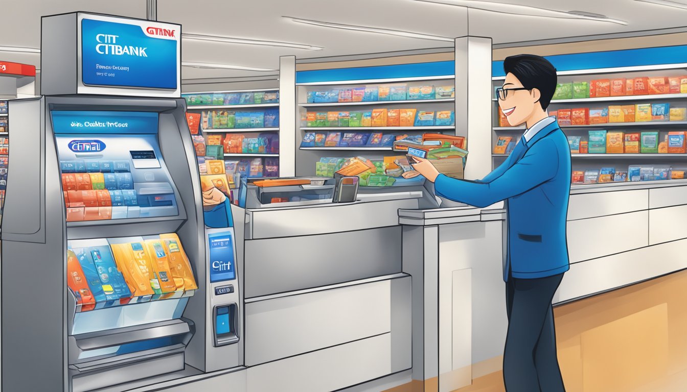 A person swiping a Citibank card at a Singapore store, with a display of various rewards and a smiling cashier handing over a redeemed item